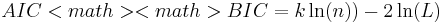  AIC <math>

<math> BIC = k \ln(n)) - 2 \ln (L) 